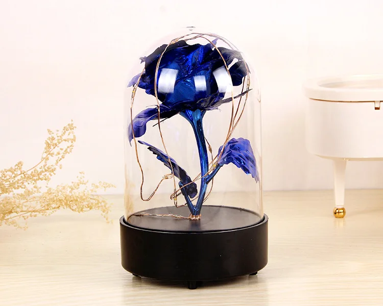 14cm Blue Light Красота и чудовище, искусственные цветы, вечная Золотая фольга, роза, светодиодный светильник, стеклянный купол, ночник, подарок на день рождения для девочек - Цвет: 14cm Blue Light