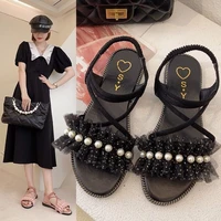2021 summer new pearl mesh lace sandals for students and women flat bottom flat bottom casual sandals with open toed flat bottom