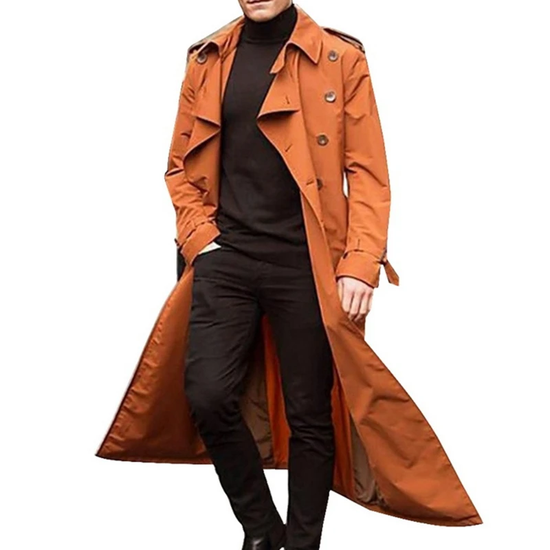 

Fashionable Men Double Breasted Men Casual Long Coat Refuse Windbreaker Solid Color Long Sleeved Windbreaker Jacket
