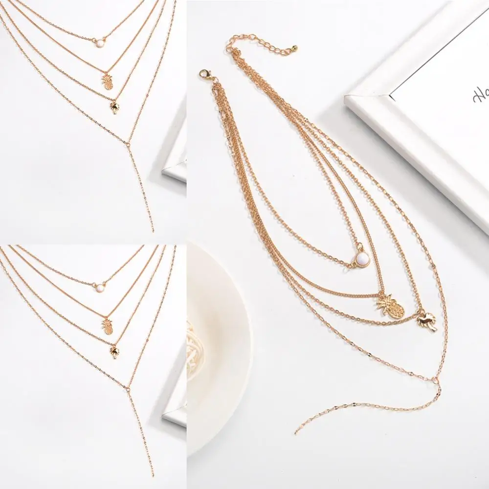 Женское многослойное ожерелье Ins красная цепочка до ключицы 4 слоя ананасовая