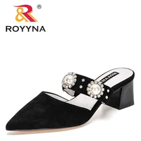 royyna 2021 new designers slipper fashion mules women genuine leather pointed toe slip on flip flops summer sandals feminimo