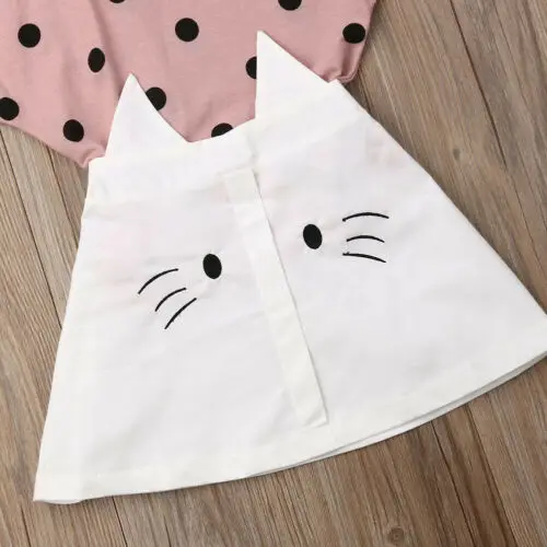 Fashion Toddler Baby Bibs Girls Cute Soft Cotton Outfit Dot T-shirt Tops + Cat Skirt Summer 2Pcs Children Clothes Set | Детская одежда