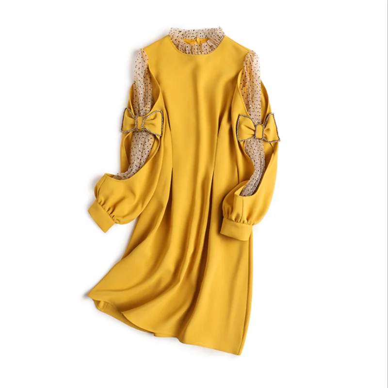 

2021 Spring Light Luxury Ladies' Skirt Stand-up Collar Net Yarn Flocking Bowknot Dot Lantern Sleeve A-Line Women Dress