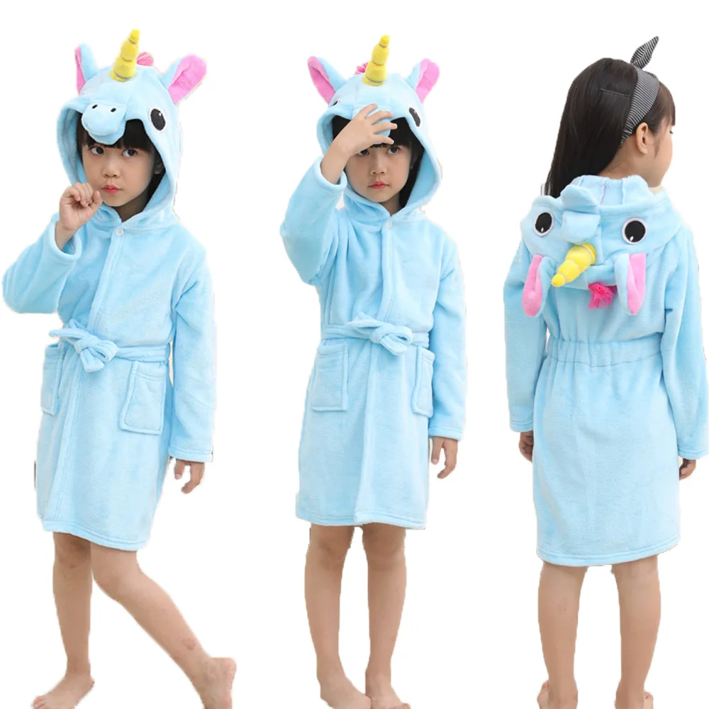 

Girls Bathrobe for Kids New Winter Flannel Soft Warm Blue Unicorn Bathrobes Children's Sleepwear Bath Robe Unicorn Towels