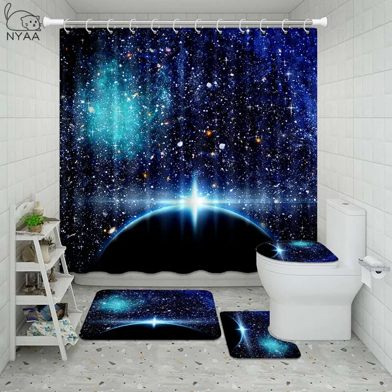 Vixm Galaxy Night Starry Bathroom Waterproof Shower Curtain Set Pedestal Rug Lid Carpet Toilet Cover Bath Mat | Дом и сад