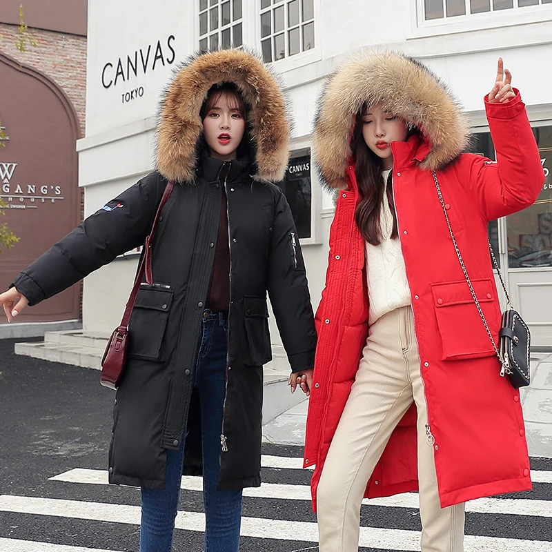 Women Winter Parka Coats 2019 New Woman Long coat Loose Big Fur Collar Hooded Cotton-padded jacket Warm coats Female Overcoat | Женская