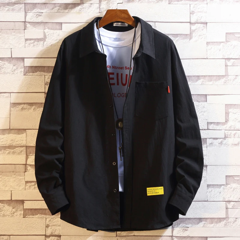 Осенняя Черная Мужская рубашка большого размера японская Свободная для отдыха