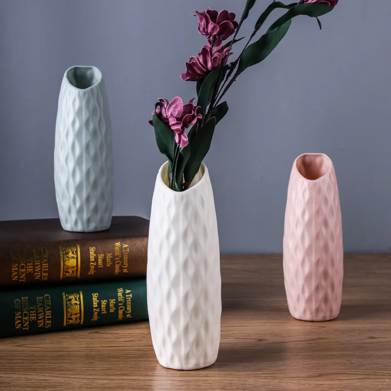 

Creative Plastic Pink Vase Nordic Color Vase Ornaments Dry Flower Wet Vase Imitation Glaze jardiniere Living Room Decoration