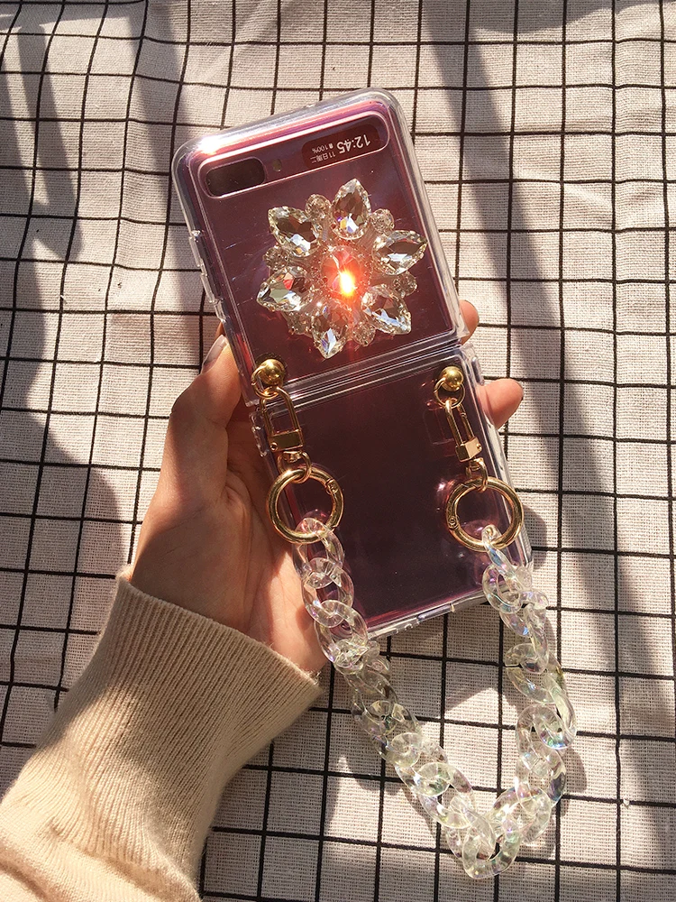 diamond flower transparent phone case with crystal chain for samsung galaxy z flip 5g protective case capa for galaxy z flip 3 free global shipping