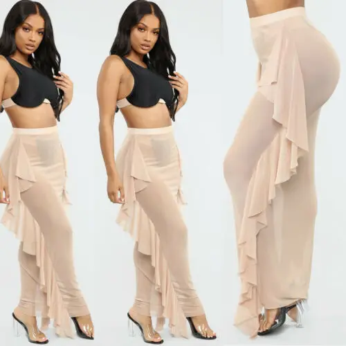 Women Package Hip Skirts Sexy Mesh Side Ruffles High Waist Bikini Cover Up Sheer Beach Long See-through Chiffon Swim Wear | Женская