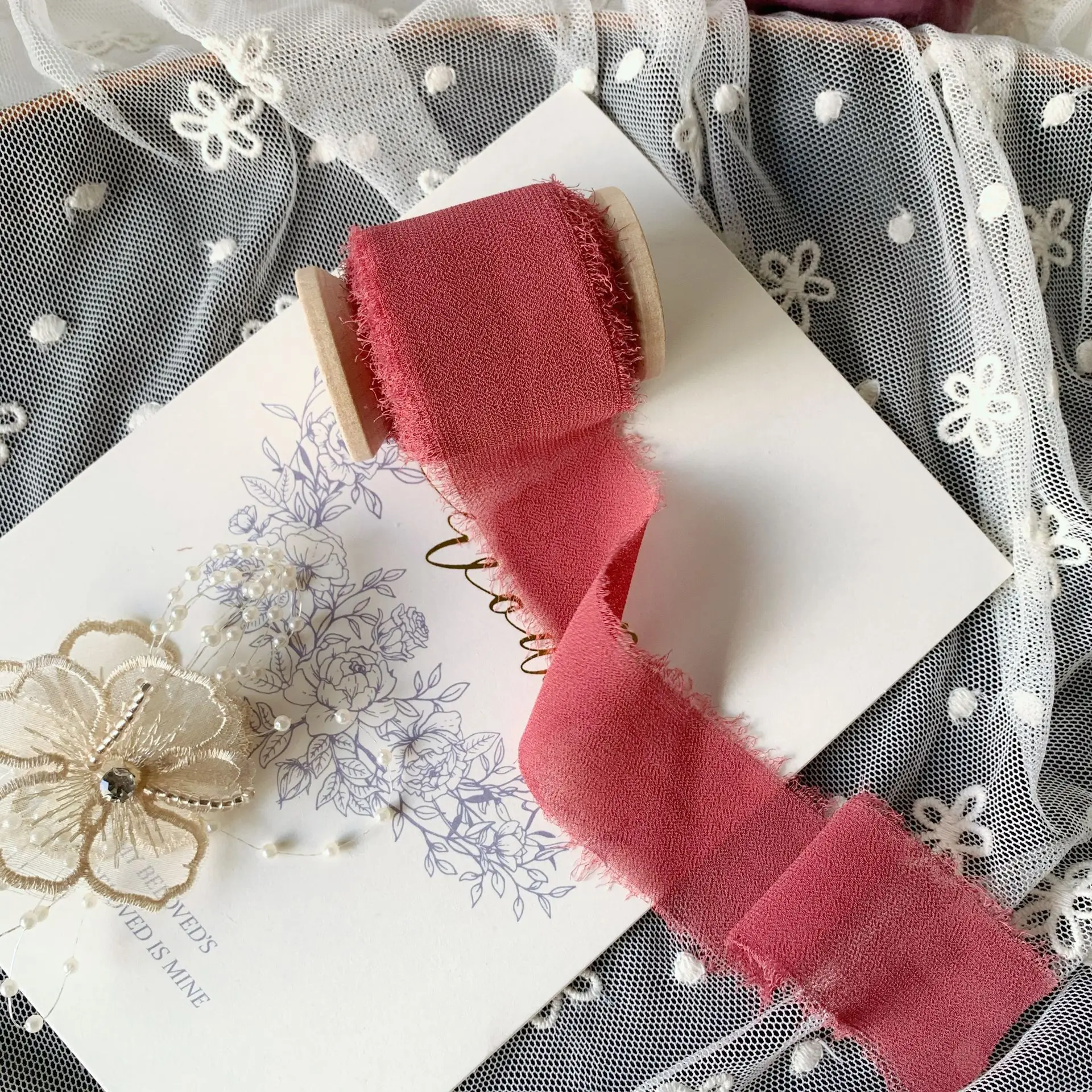 3.5cmx5метров изношенный шифон лента шелковая для свадебных букетов фон