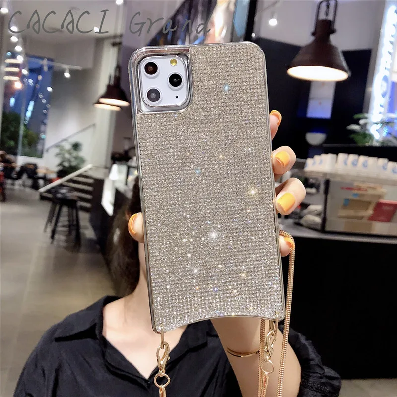 Роскошный чехол с блестящими бриллиантами для apple iphone xs 11 pro max XR X 7 8 6S 6 PLUS, чехол с металлическим ожерельем через плечо