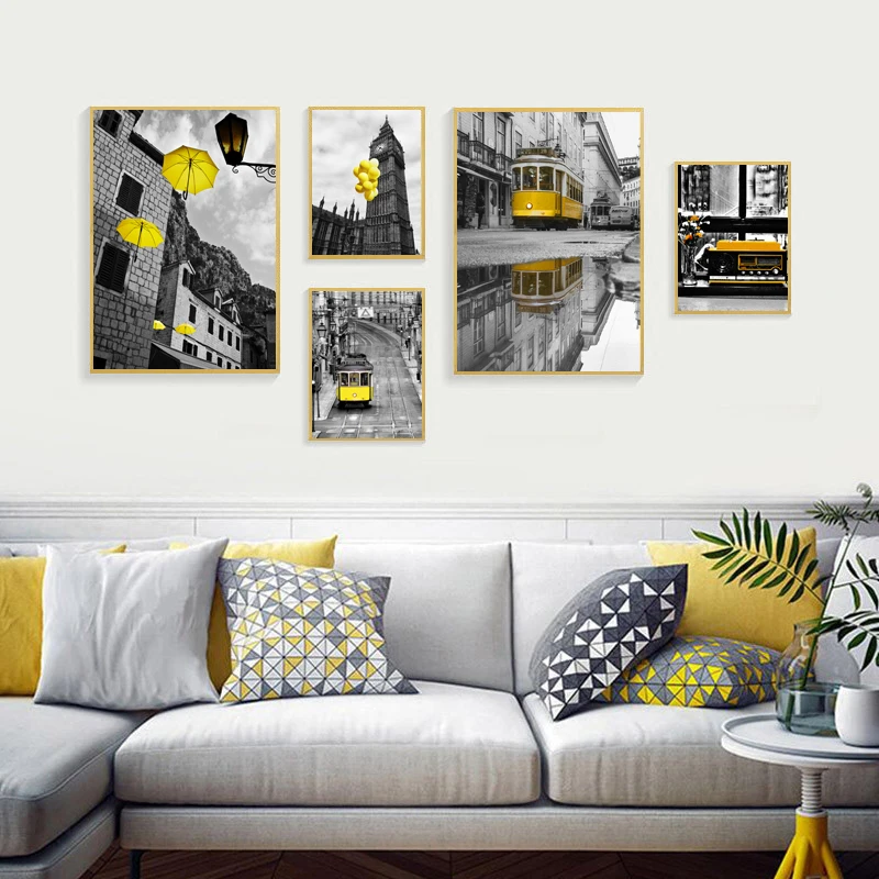 

Modern Posters and Prints Yellow Balloon Yellow Scenery Car Wall Pictures for Living Room Home Decoration