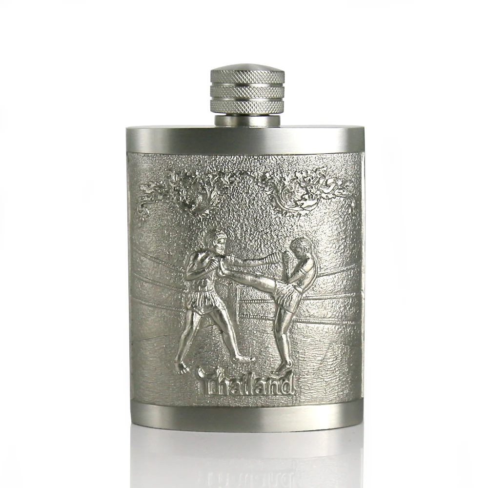 

Oriental Pewter-Pewter Flask Tin Hip Flask & Funnel Set Hand Carved Beautiful Embossed w/ Thai boxing &Elephant Made in Thailand
