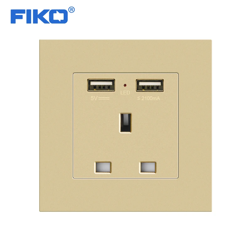 FIKO  13A British Gold PC panel standard With dual Usb  5V 2100mA , 86mm*86mm family hotel socket with  USB  wall power socket