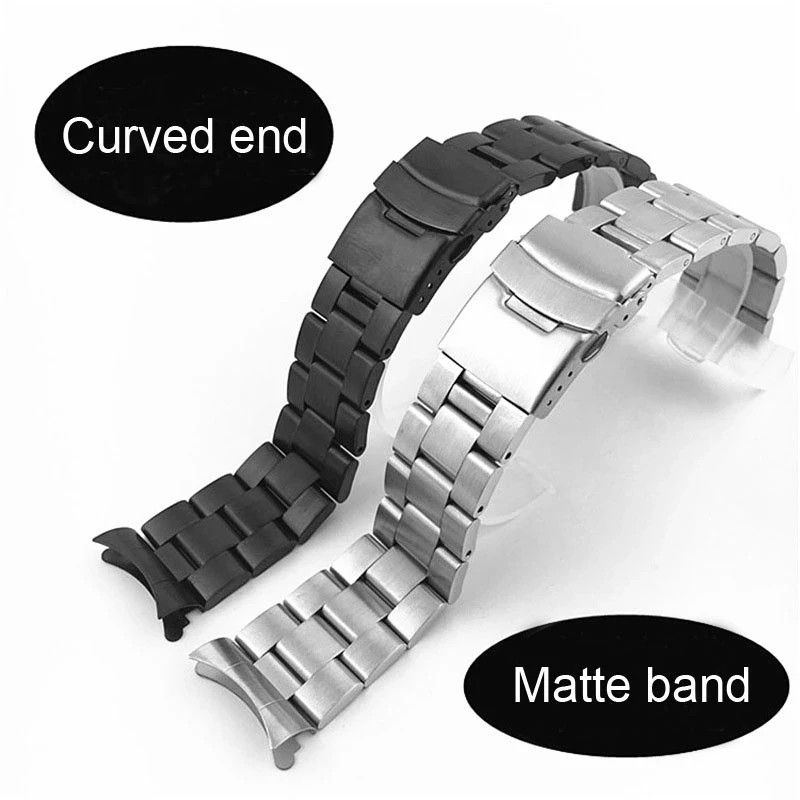 Enlarge Solid Curved End 22mm 20mm Stainless Steel Watch Band Silver Black Matte Metal Strap Bracelet Women Men Watchbands with Pins