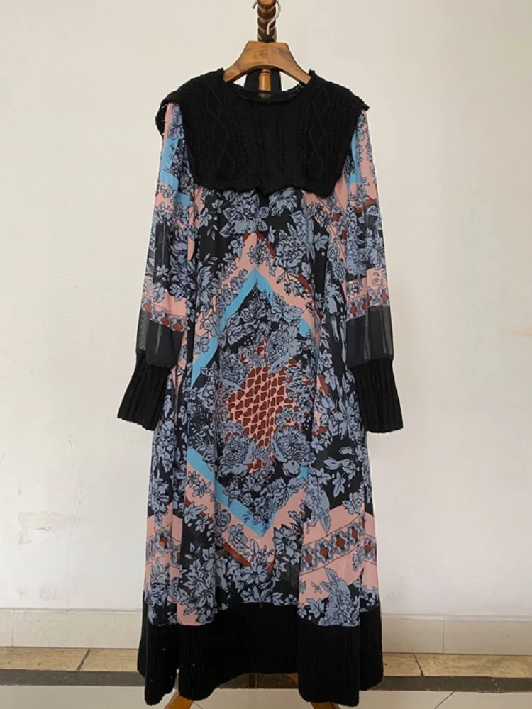 

New 2020 Spring Dress High Quality Women O-Neck Knitted Patchwork Long Sleeve Mid-Calf Length Casual Vintage Retro Dress Belt