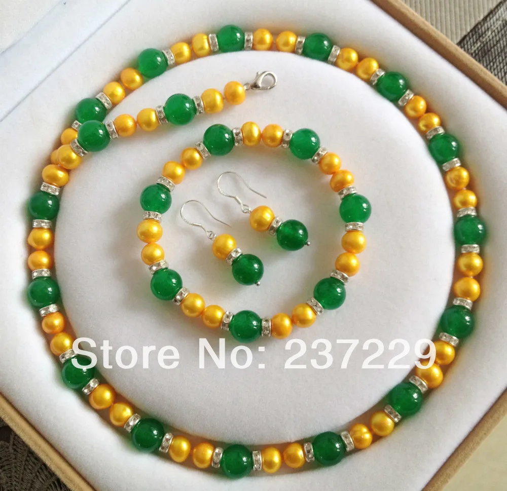 Оптовая цена бесплатно новый! Золотой Akoya культивированный жемчуг/зеленый нефрит