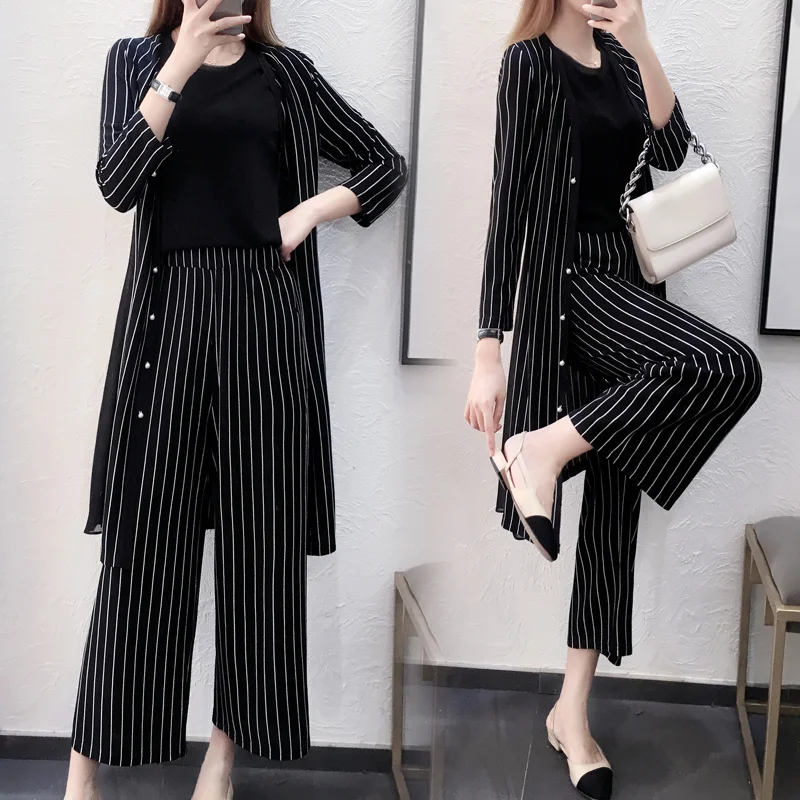 2019 новый полосатый костюм из трех предметов топ и брюки пальто средней длинны