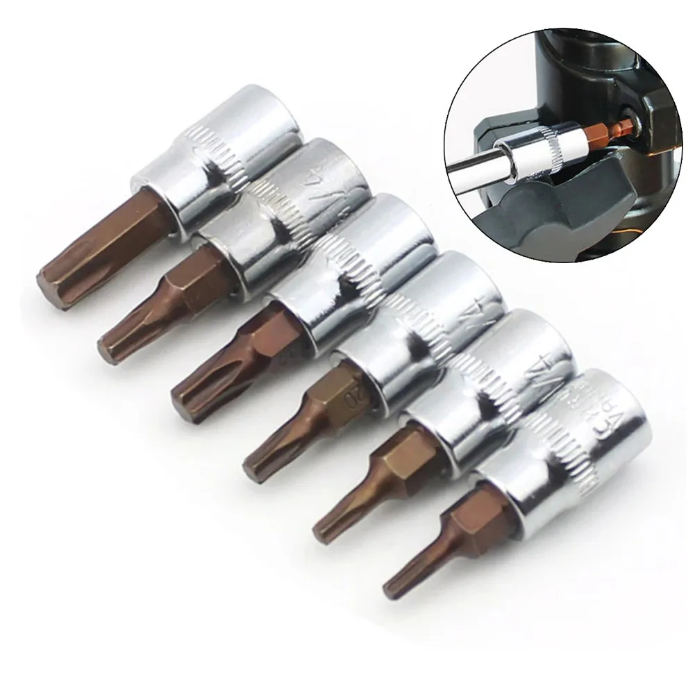 

6Pcs 1/4inch Chrome Vanadium Steel Hex Torx Screwdriver Bit Set Drive Socket Head Screwdriver T10-T40 38mm For Repairing