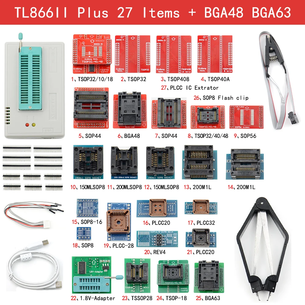 Программатор Upmely TL866II Plus V11.9 оригинальный USB Универсальный EEPROM FLASH + 27 адаптеров