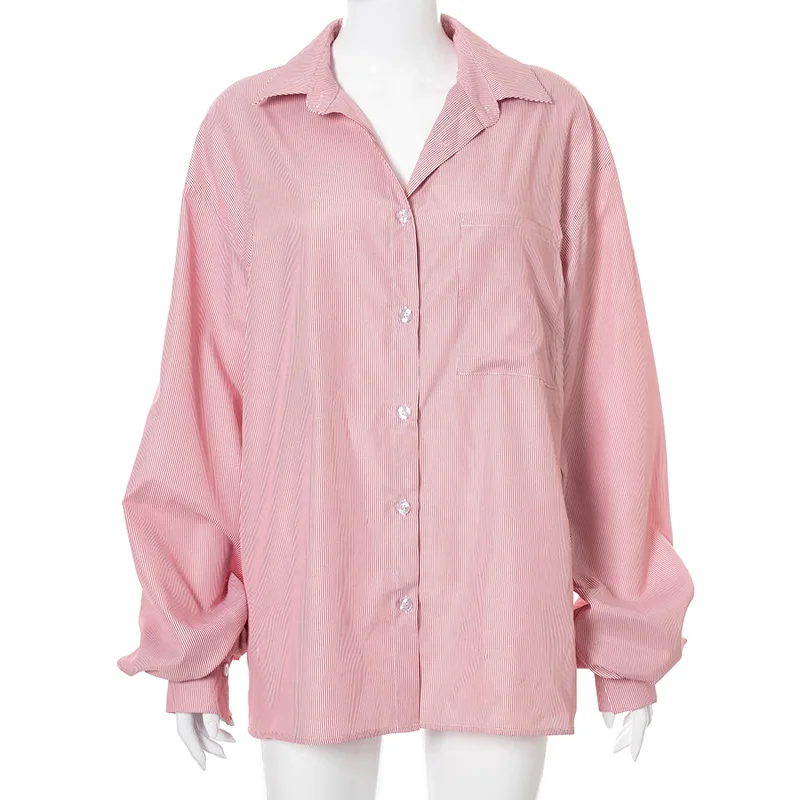 

BOOFEENAA Oversized Striped Long Sleeve Button Up Shirts for Women Streetwear Fashion 2021 Casual Loose White Blouses C85-DA18