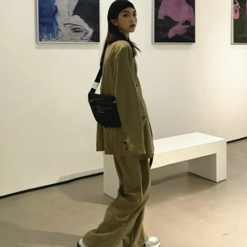 

Blazers Womens Khaki Lace-up Design Retro Fashion Long Sleeve Oversize Solid Chic Streetwear Harajuku Korean Style Casual Ins