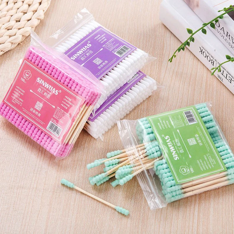 

100pcs/Pack Double Head Cotton Swab Women Makeup Cotton Buds Tip Wood Sticks Nose Ears Cleaning Health Care Tools