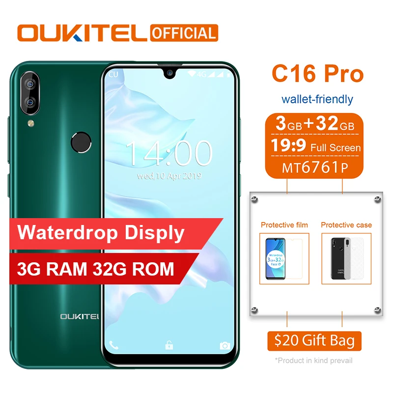 Смартфон OUKITEL C16 Pro, 3 ГБ, 32 ГБ, четырехъядерный процессор MTK6761P, 5,71 дюймов, экран в виде капли воды, 19:9, распознавание лица, отпечаток пальца, LTE, 2600 мАч, мобильный телефон