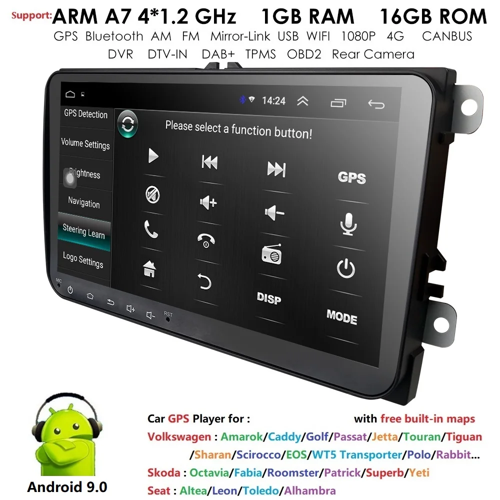 Автомобильный мультимедийный плеер Android9.0 gps 2 Din для VW/Golf/Tiguan/Skoda/Fabia/Rapid/Seat/Leon/Skoda nav automotivo fm rds dab cam-in
