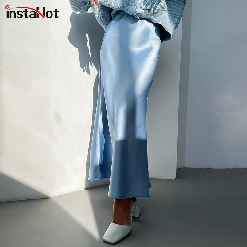 InstaHot шелковая Женская юбка мягкая труба 2021 модные летние однотонные вечерние