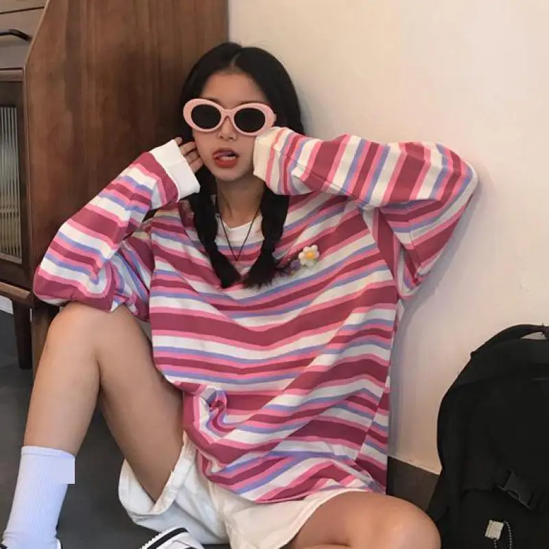 Женские розовые в полоску Футболки с длинными рукавами для девочек хлопковые