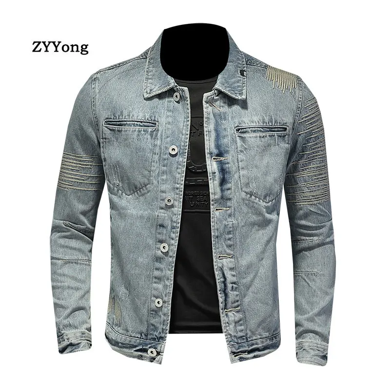 Jacket For Men Style Bomber Aviator Motorcycle Denim Casual Spliced Retro Embroidery Slim Fashion Streetwear Coat