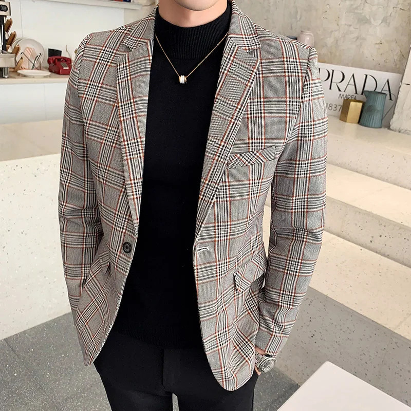 Модные Клетчатый костюм Для мужчин куртка Размеры S M L XL XXL XXXL осень зима блейзеры