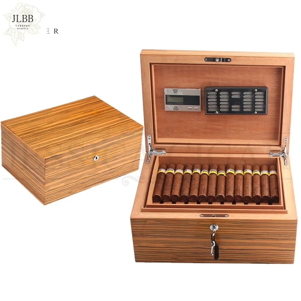 

Cedar Wood Cigar Humidor Box Yellow Glossy Piano Finish Moisturizing Humidor Cabinet Cigar Case With Hygrometer Humidifier