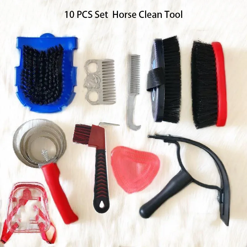 

10 Pcs Horse Grooming Tool Set Cleaning Kit Horse Mane Tail Comb Massage Curry Brush Sweat Scraper Hoof Pick Curry Comb Scrubber