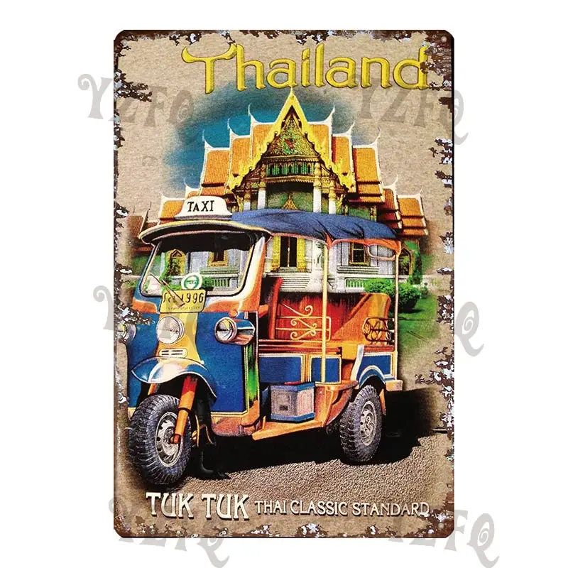 

Vintage Thailand Travel Poster Tuktuk Car Taxi Thai Elephant Metal Sign Wall Bar Restaurant Home Craft Decor 30X20CM DU-4682A