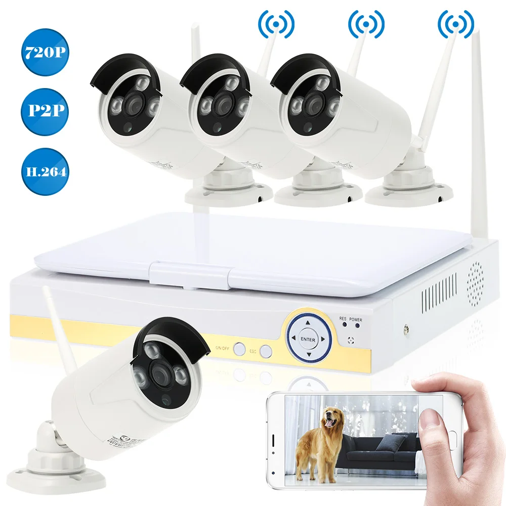 OWSOO 10.1’’ 4CH 720P HD WiFi NVR Kit with 4pcs 1.0MP Wireless Waterproof Outdoor Bullet IP Camera Support P2P Onvif IR-CUT |