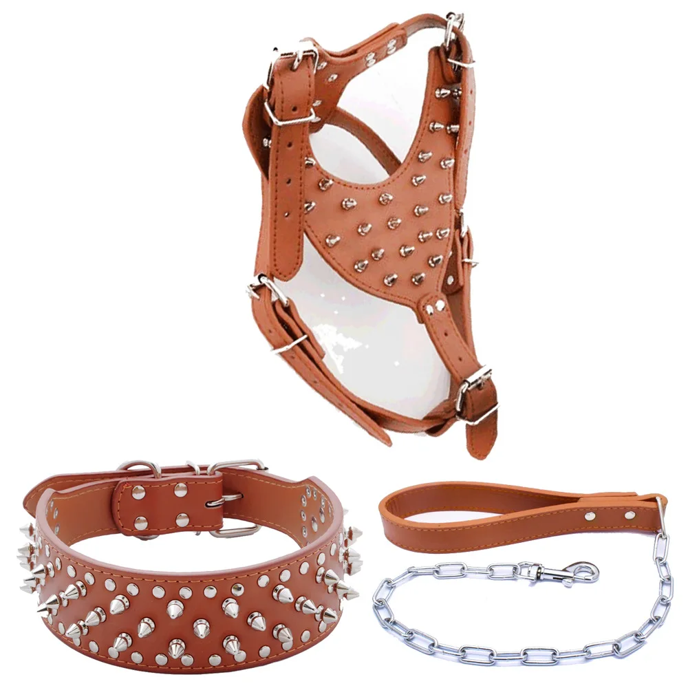 

Dog Hiking Training Sport Pet Harness Soft Leather Spike Dog Harness Set Rivet Studded Leather Dog Harness