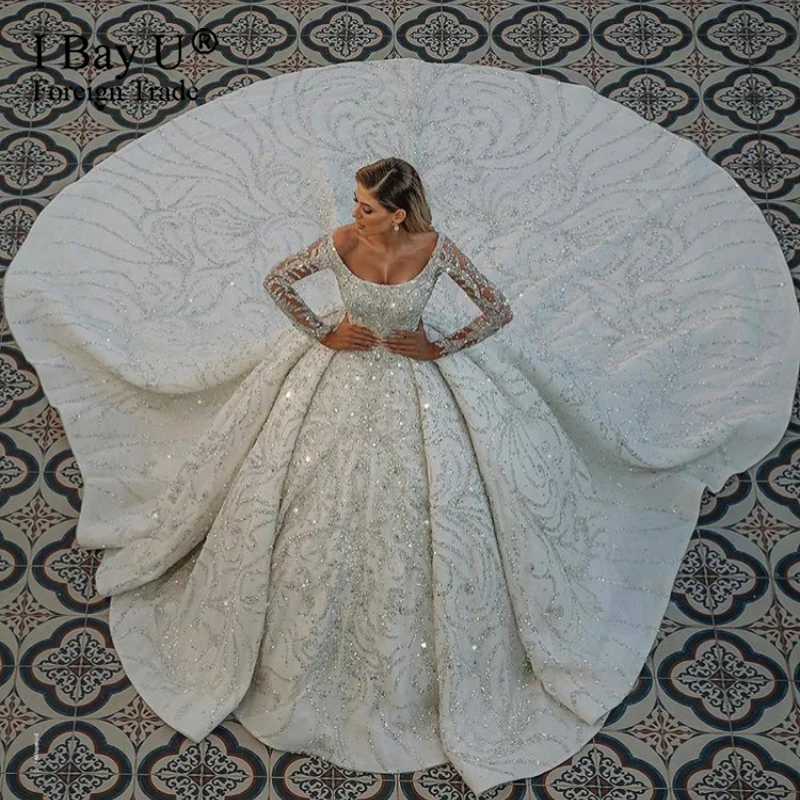 أفضل عرض 100 Real Works فستان زفاف أميرة دبي فاخر أكمام طويلة خرز كامل فستان زفاف ملكي مذهل للعرائس أسود 2021