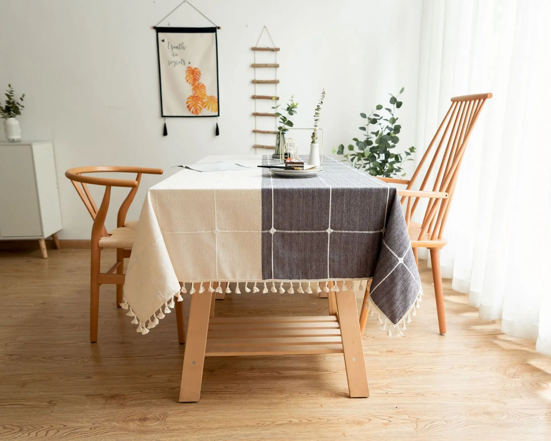Plaid Two Tone Decorative Linen Tablecloth With Tassel Waterproof Oilproof Rectangular Wedding Dining Table Cover Table Cloth