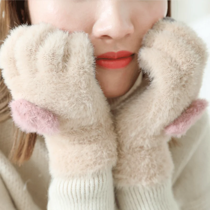 Gloves Knitted Women Touch Screen New Winter Soft Rabbit Wool Knitted Gloves Warm Lovely Girls' Pink Heart Mittens Gloves