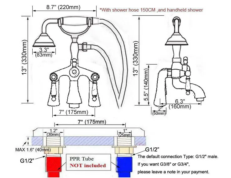 Античный красный медный смеситель для ванны с двумя ручками в телефонном стиле