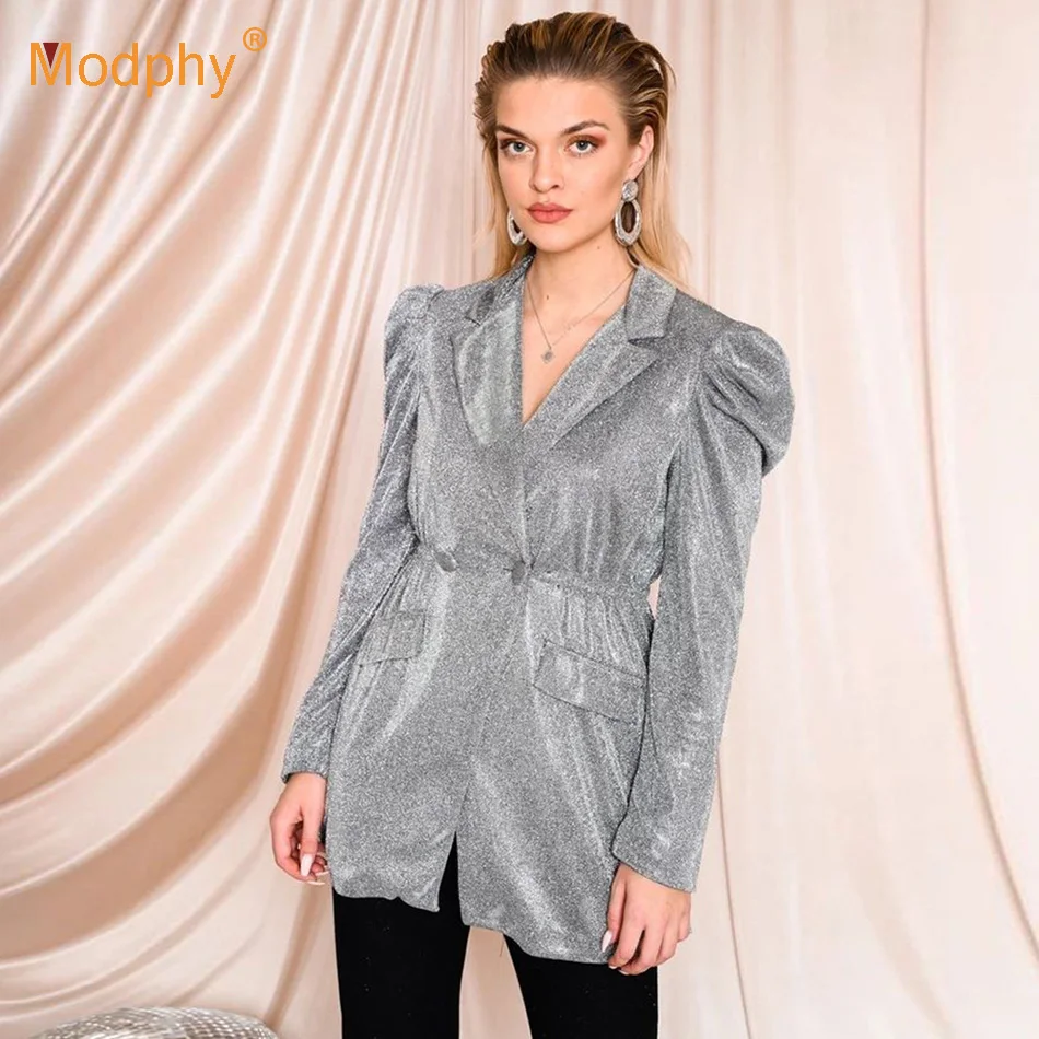 Модный новый блестящий серебристый Блейзер Modphy 2020 пикантный блейзер с лацканами