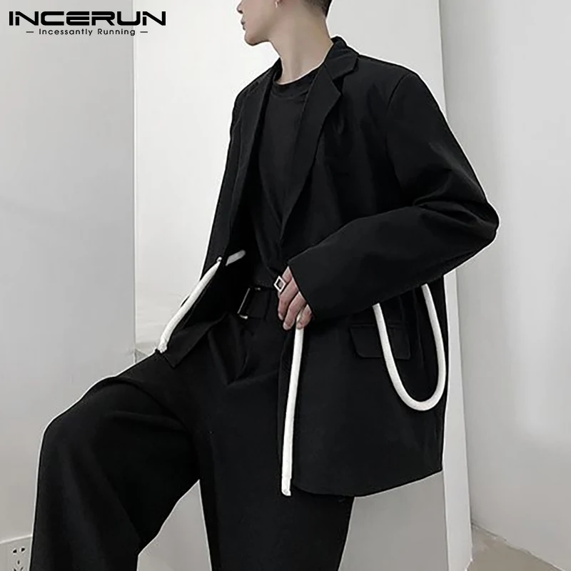 

INCERUN Top 2021 New Men's Blazer Japan Korea Style Solid Comfortable Black Tie Waist Drawstring design Loose suit Jackets S-5XL