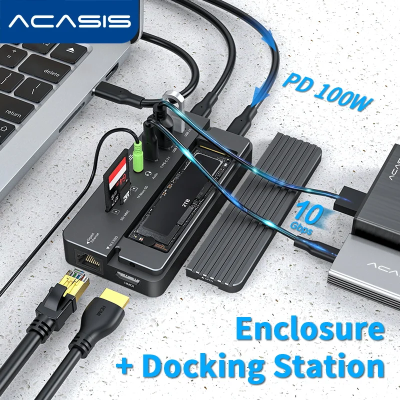 ACASIS 10Gbps High-Speed SSD Case & 10-In-1 Hub 3.1GEN2 NVME/SATA M.2 SSD Enclosure Case to USB PD100W 4K 60HZ Dock Station