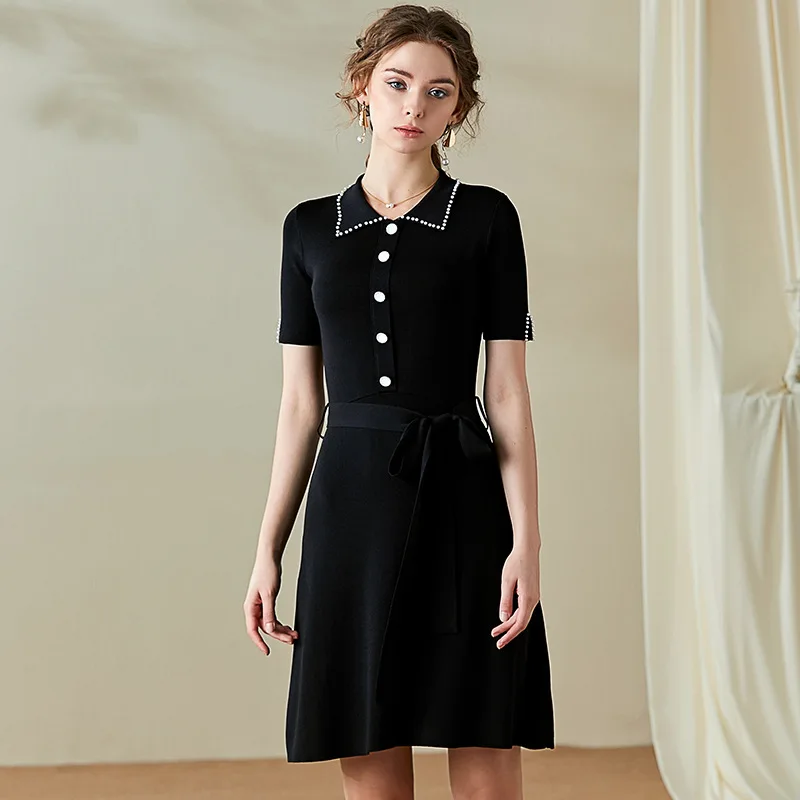 Fashion Knit A Line Dress Women Black Short Sleeve Rhinestone Summer Mini Brief Belt High Waist Ladies Dresses 2020 New za | Женская