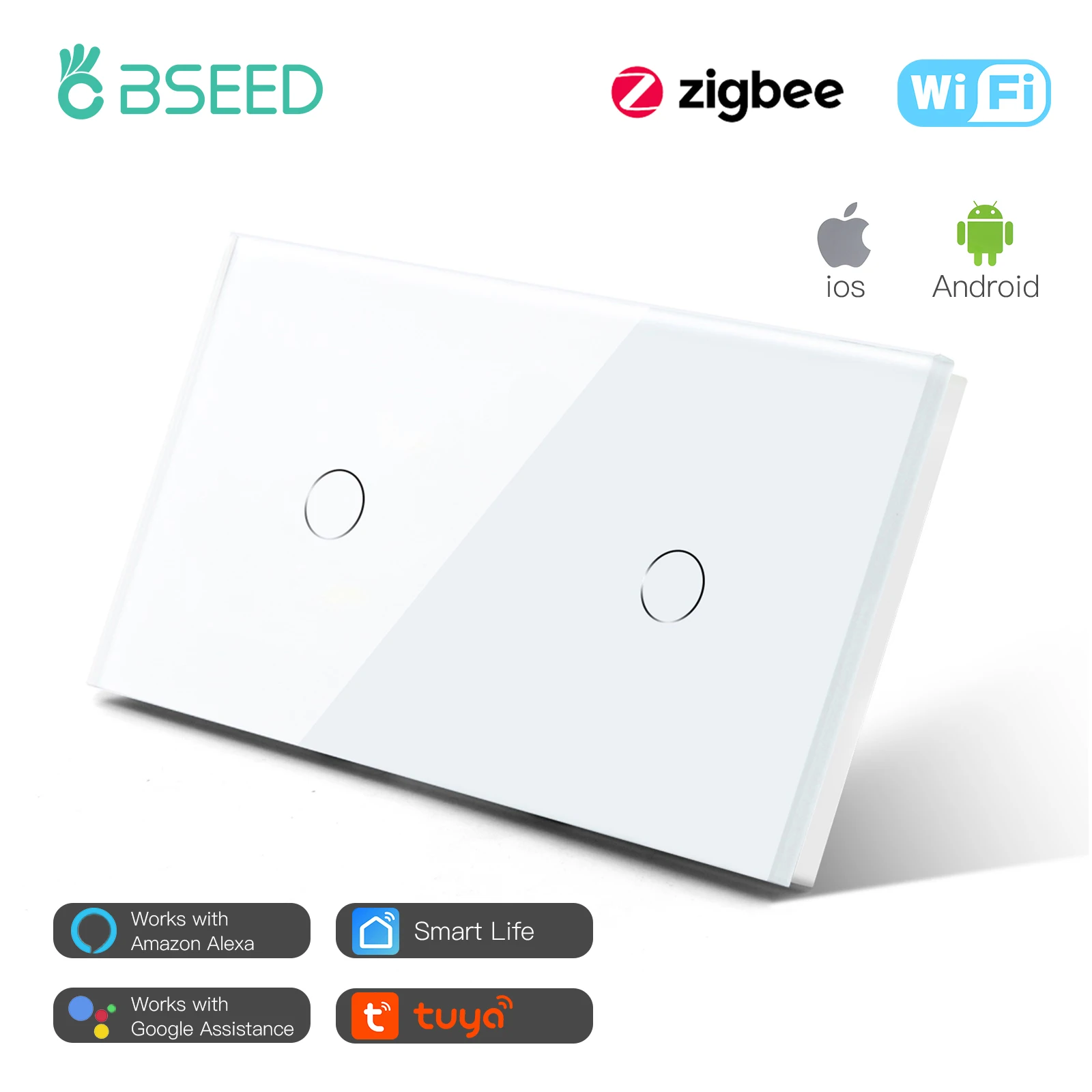 

BSEED Zigbee Wifi Wall Switch Double 2/4/6Gang 1/2/3Way Smart Light Switches Cyrstal Sensor Switch EU Standard Tuya Alexa App