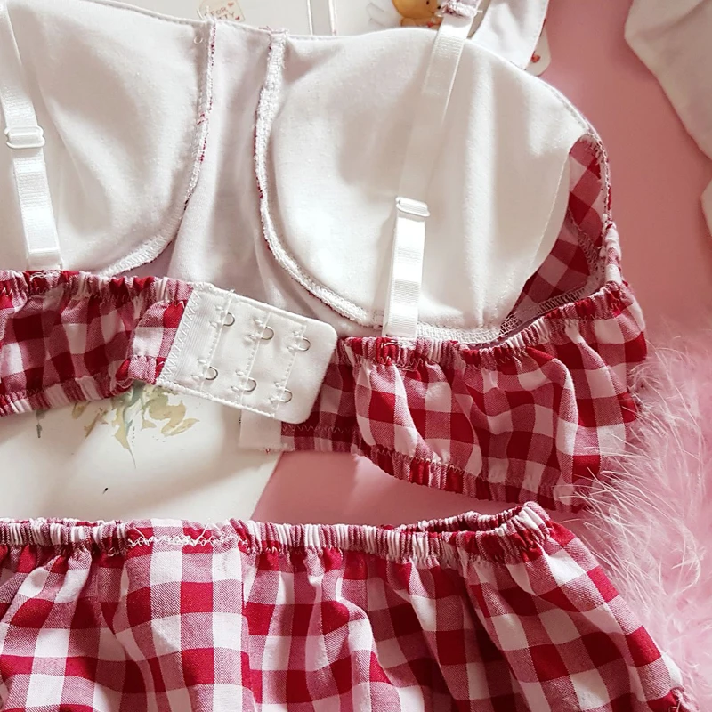 French Vintage Small Fresh Red Green Plaid Button Strapless Underwear Set Mori Girl Sexy Lolita Princess Bra & Brief Sets