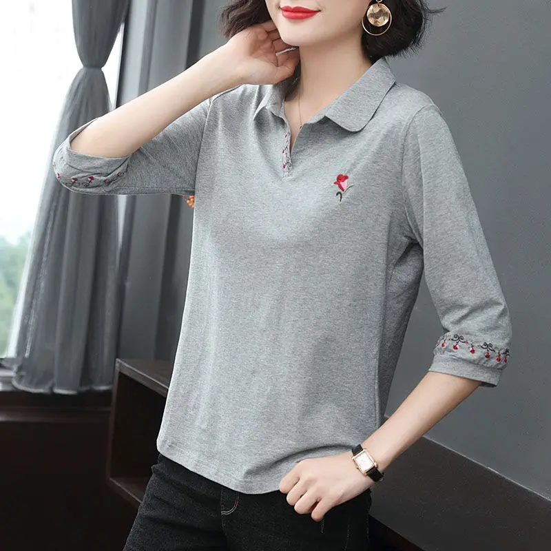 

Cotton T-shirt Women Polo Shirt Middle-aged Mothers Office Wear Spring Summer Embroidery Casual Half Sleeve Female Clothes Y952